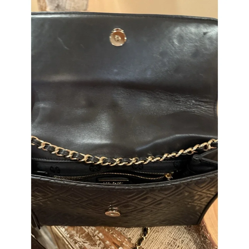 Tory Burch Fleming Black Leather Convertible Shoulder‎ Bag Quilted Tassel Large